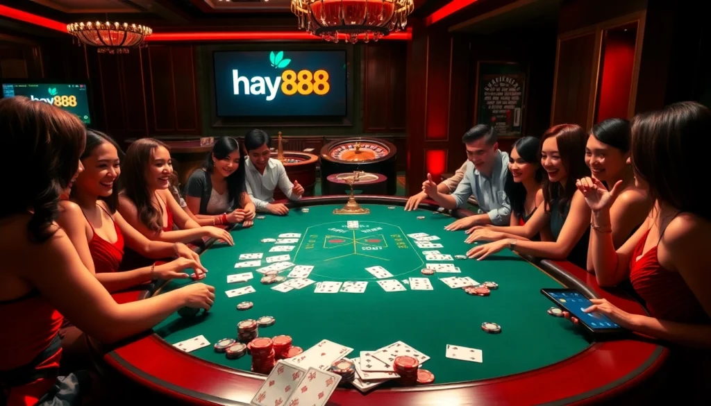 Players engaging at a lavish poker table, showcasing the excitement of hay888 gambling experience.