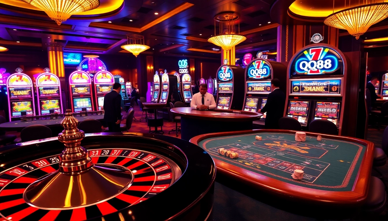 Players enjoying thrilling games at QQ 88 casino, featuring roulette and poker excitement.