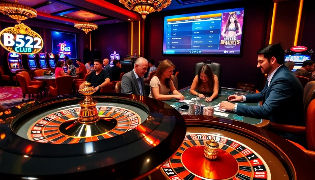Players enjoying a thrilling experience at B52 CLUB casino with roulette and poker tables.