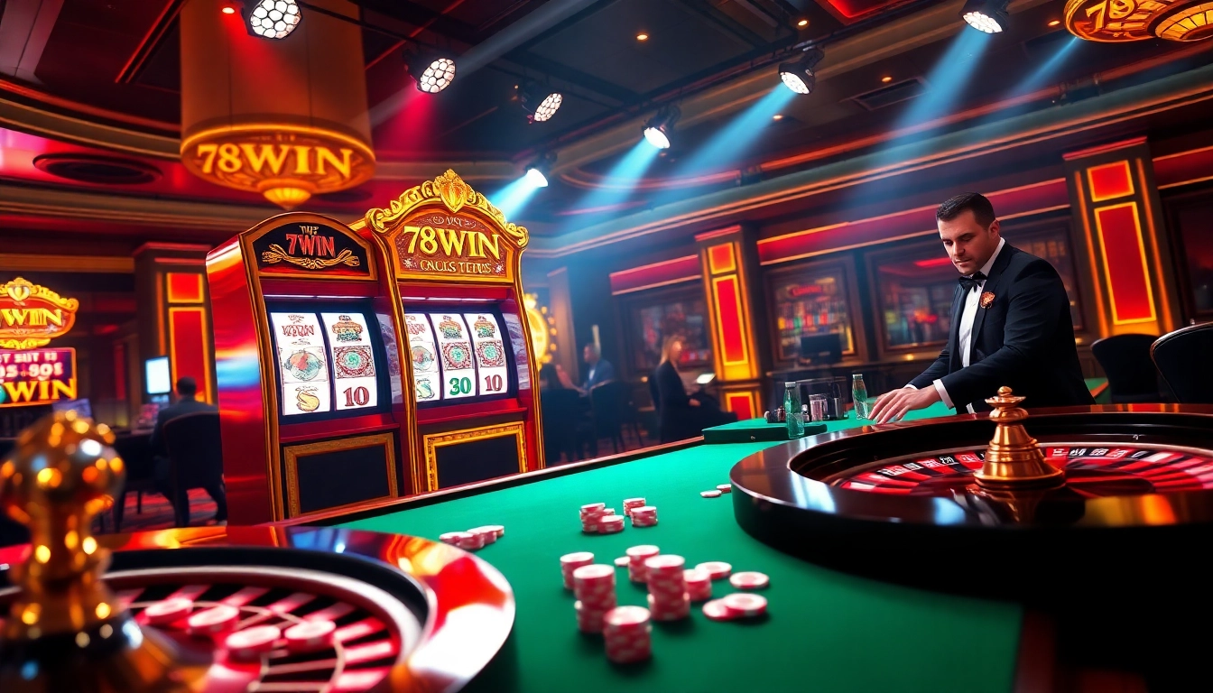 Experience the excitement of winning at 78WIN's luxurious casino setting with vibrant games and poker chips.