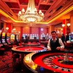 Engaging Casino scene with dealers and players amid vibrant slot machines and warm lights.