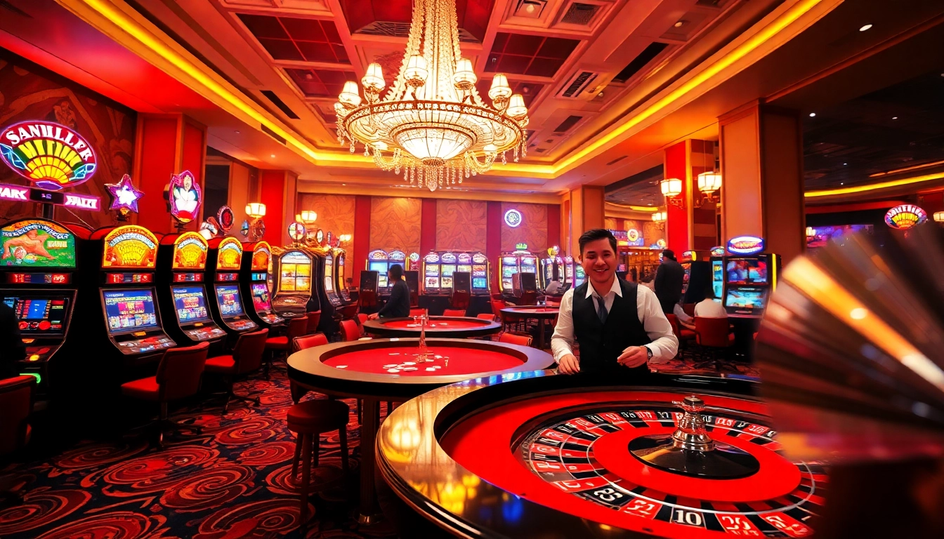 Engaging Casino scene with dealers and players amid vibrant slot machines and warm lights.