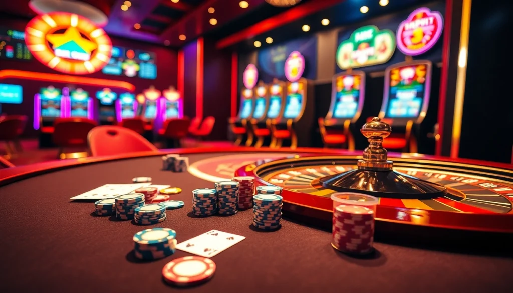 Experience go88 casino excitement with vibrant gaming tables, poker chips, and slot machines.