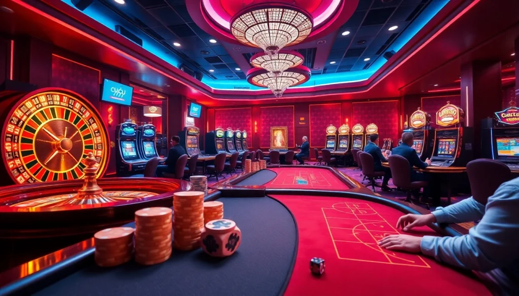 Engage in the thrilling casino experience at cucu 777 with vibrant slot machines and a tantalizing roulette wheel.