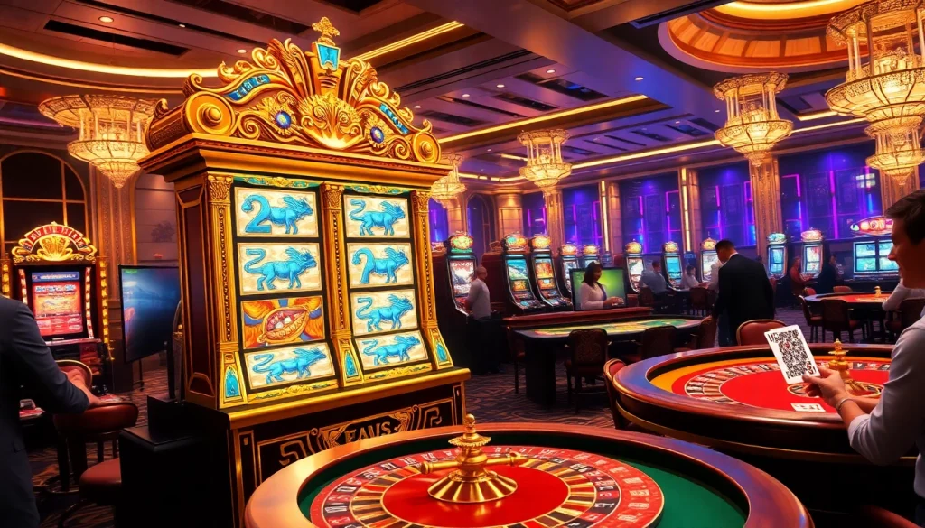 Mainkan slot zeus di tengah suasana kasino yang cerah penuh dengan kemewahan dan kegembiraan.
