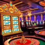 Mainkan slot zeus di tengah suasana kasino yang cerah penuh dengan kemewahan dan kegembiraan.