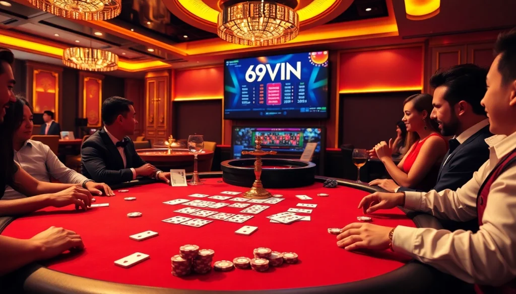 Players enjoying a thrilling blackjack game at a luxurious 69VN casino table.