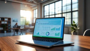 Analyze supply chain management software on a sleek laptop amidst vibrant graphs for decision-making.