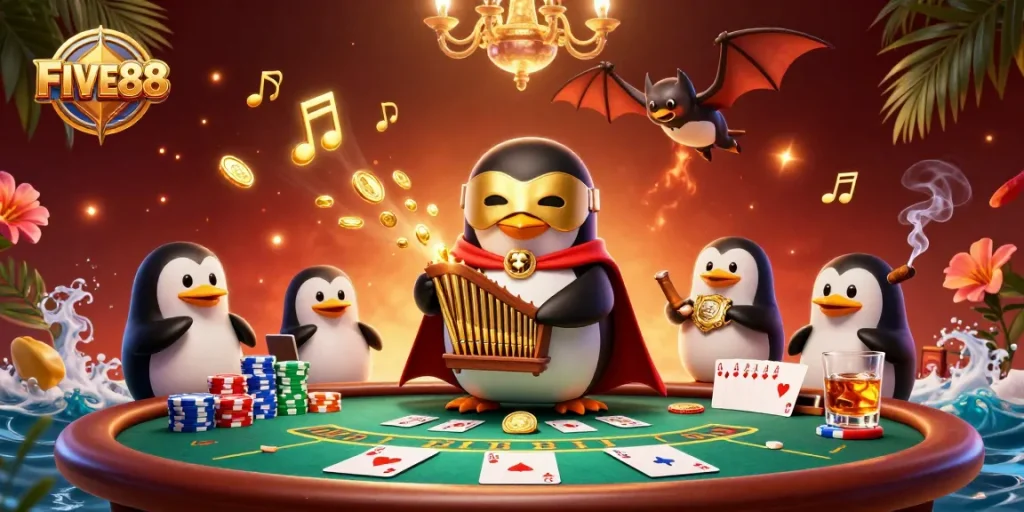 Experience captivating PLAY at FIVE88 with a vibrant 3D casino illustration showcasing excitement and rich details.