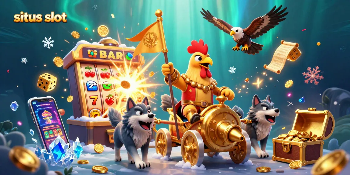 Engage with situs slot featuring a cartoon rooster warlord in a thrilling jackpot scene with gold coins and vibrant symbols.