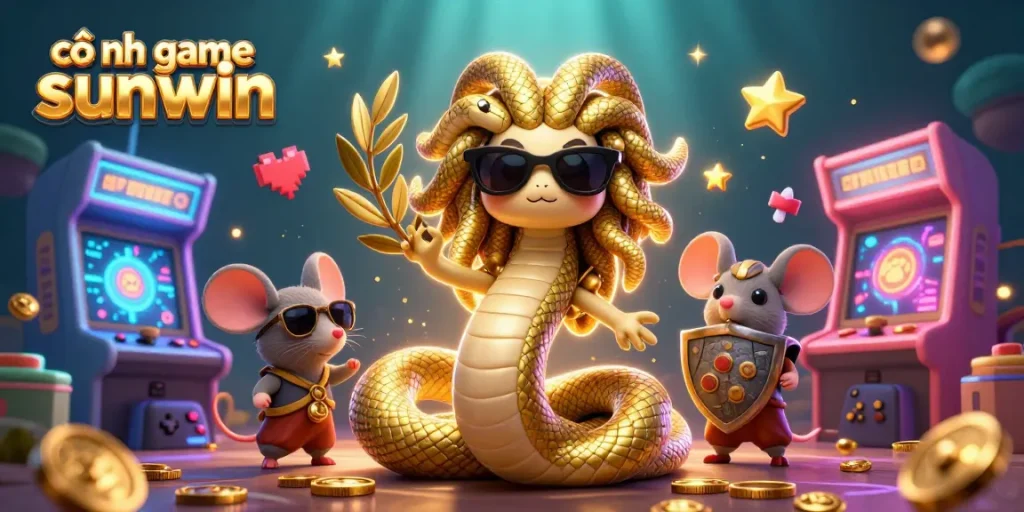 Experience thrilling gaming with cổng game sunwin, featuring Medusa and warrior mouse, vibrant arcade elements.