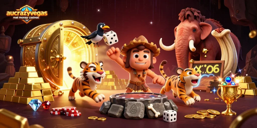 Experience the excitement at aucrazyvegas real money casinos with vibrant gaming elements and action-packed characters.