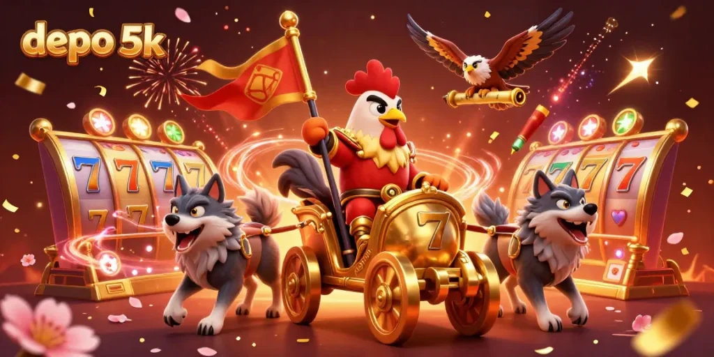 Engage with the thrilling depo 5k experience featuring a rooster warlord leading a casino adventure with slot reels and gold elements.