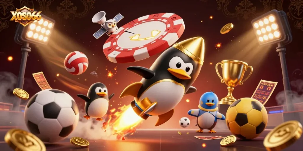 XOSO66 features a dynamic, golden penguin blasting through a casino-themed space, showcasing sports betting action.