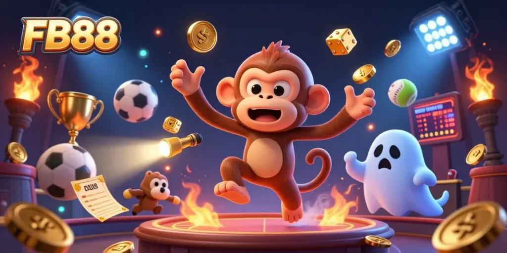 Experience the thrill of FB88 with dynamic sports betting elements and a playful casino scene.