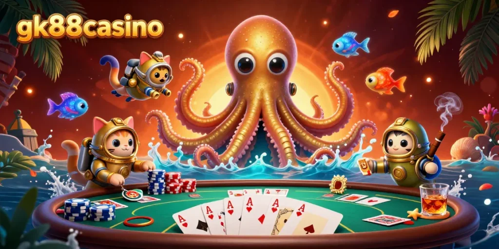 Win big with gk88casino's thrilling games featuring an adventurous kraken and diving cat!
