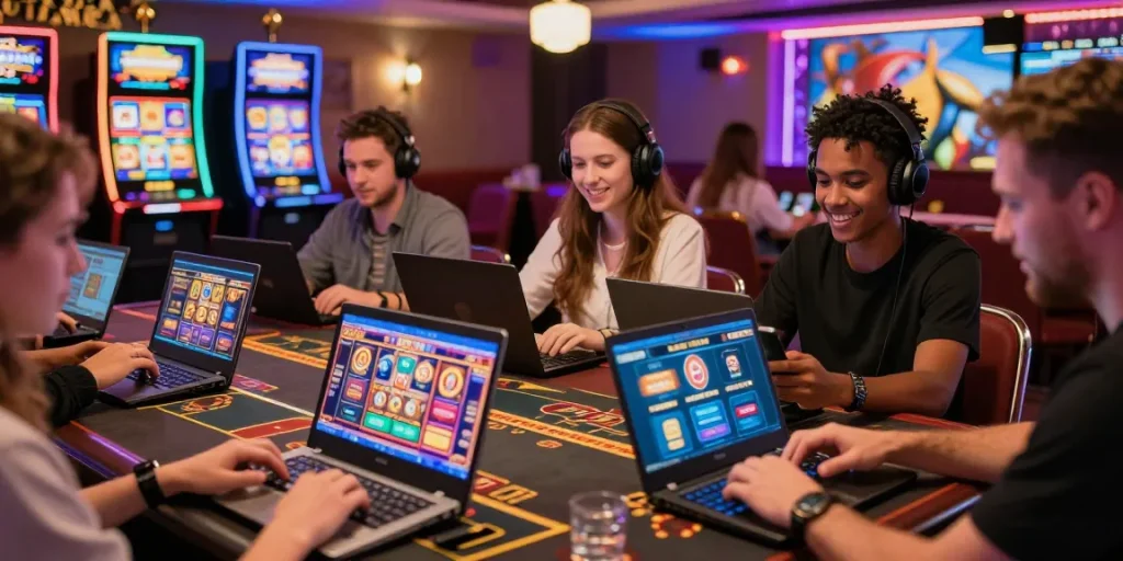The best non UK casinos scene with diverse players enjoying engaging gaming experiences, digital graphics, and vibrant casino ambiance.