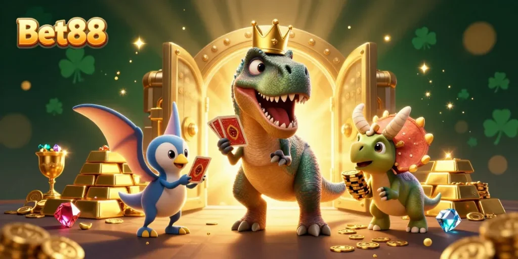 Bet88 brings excitement with a T-Rex and friends in a vibrant casino scene featuring gold and jewels.