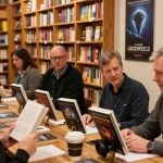 T. Allen Greenfield engaging with readers at https://tallengreenfield.com book signing event surrounded by literature.