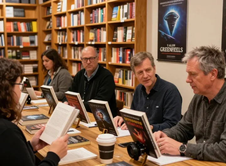 T. Allen Greenfield engaging with readers at https://tallengreenfield.com book signing event surrounded by literature.